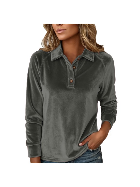 Womens Velvet Tops Long Sleeve Button Down Shirts Flowy Casual Blouses Collared V Neck Polo Shirt