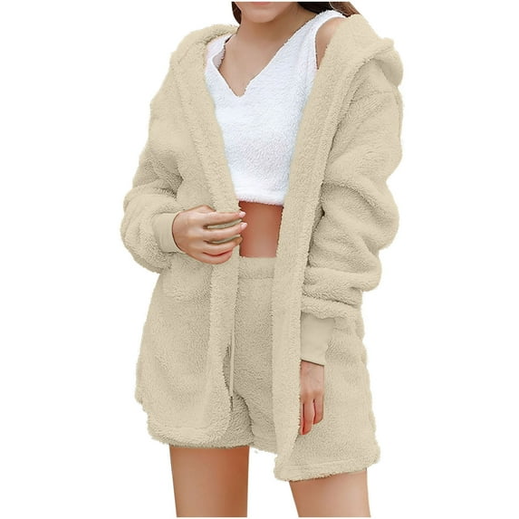 RQYYD Womens Winter Fuzzy 3 Piece Outfits Fleece Warm Hooded Cardigan Crop Top Shorts Set Pajamas Loungewear (Beige,XL)