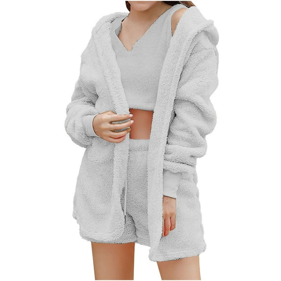 RQYYD Womens Winter Sexy Fuzzy 3 Piece Outfits Fleece Warm Hooded Cardigan Crop Top Shorts Set Pajamas Loungewear