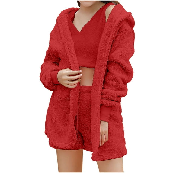 RQYYD Womens Winter Sexy Fuzzy 3 Piece Outfits Fleece Warm Hooded Cardigan Crop Top Shorts Set Pajamas Loungewear
