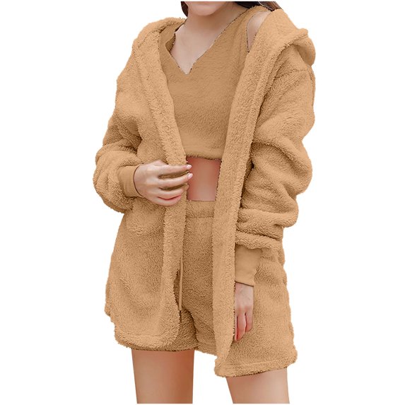 RQYYD Womens Winter Sexy Fuzzy 3 Piece Outfits Fleece Warm Hooded Cardigan Crop Top Shorts Set Pajamas Loungewear