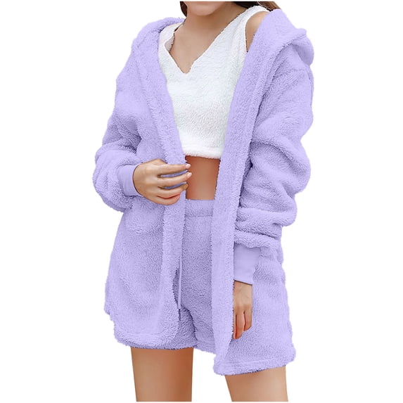 RQYYD Womens Winter Sexy Fuzzy 3 Piece Outfits Fleece Warm Hooded Cardigan Crop Top Shorts Set Pajamas Loungewear