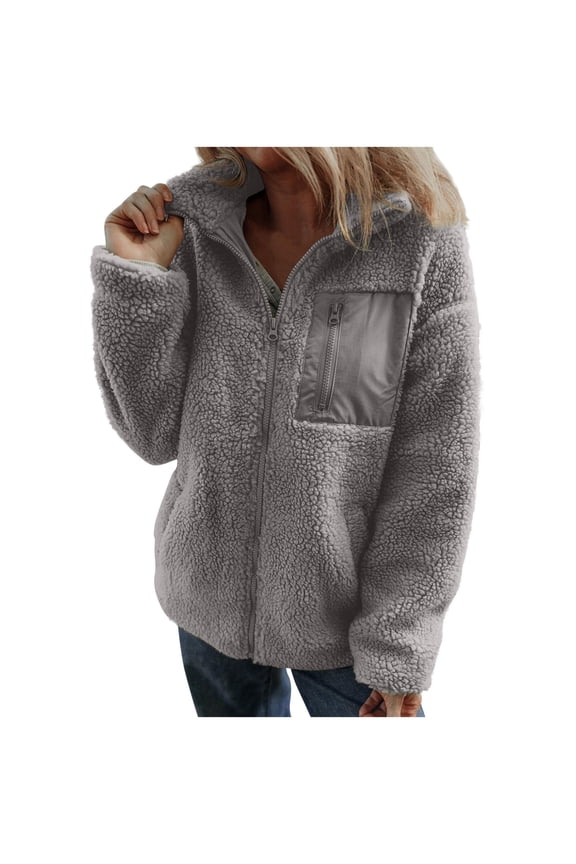 Womens Winter Trendy Full Zipper Fleece Jackets Long Sleeve Relaxed Warm Teddy Coats with Pockets