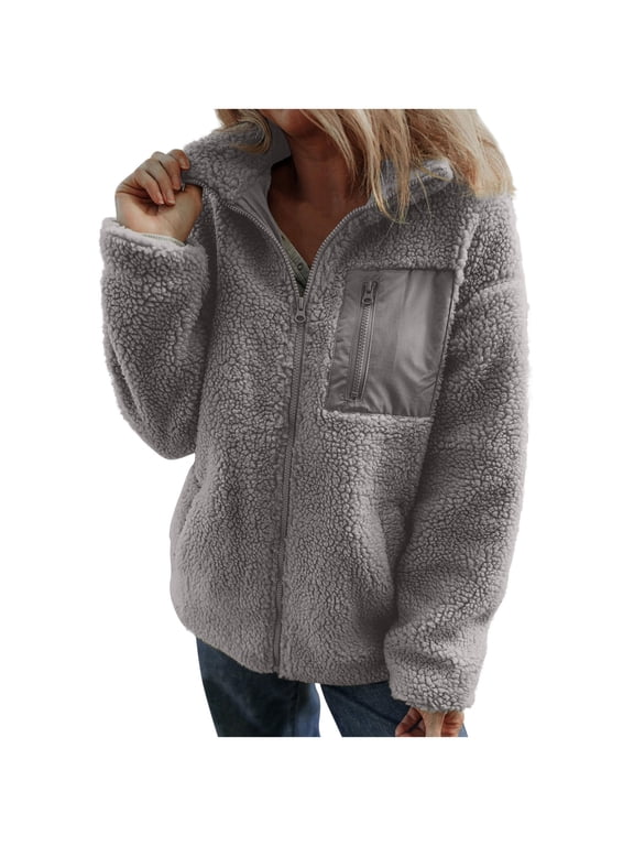 Womens Winter Trendy Full Zipper Fleece Jackets Long Sleeve Relaxed Warm Teddy Coats with Pockets