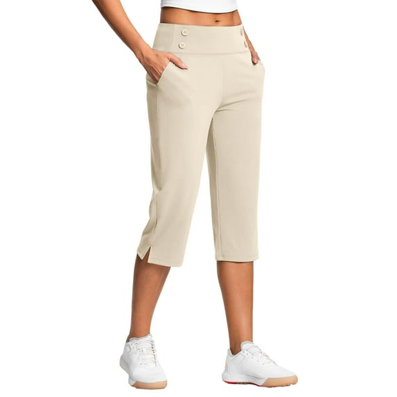 RQYYD Womens Yoga Capri Pants Summer High Waisted Wide Leg Capri Leggings Pull On Stretch Dressy Casual Capris with Pockets Beige S