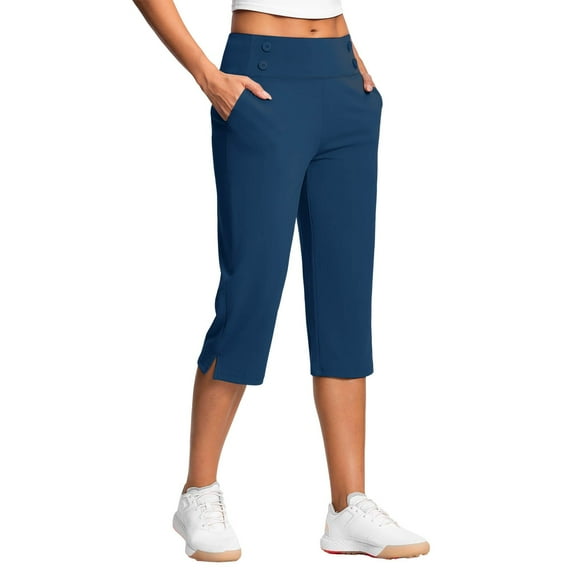 RQYYD Womens Yoga Capri Pants Summer High Waisted Wide Leg Capri Leggings Pull On Stretch Dressy Casual Capris with Pockets Blue XL
