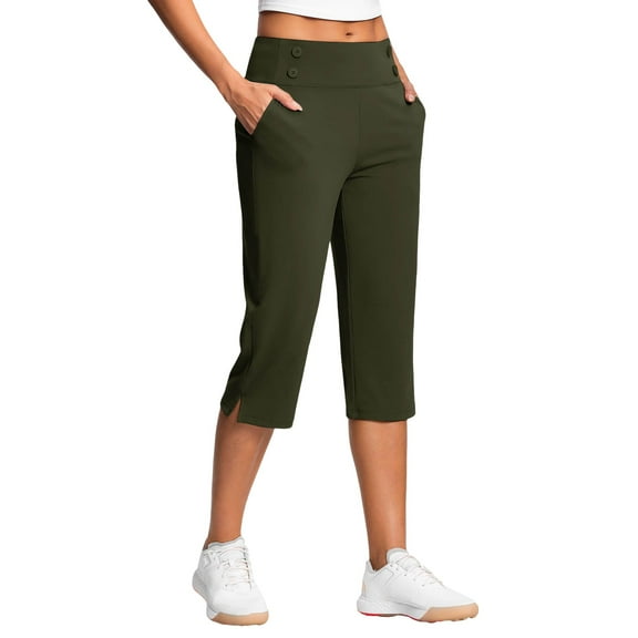 RQYYD Womens Yoga Capri Pants Summer High Waisted Wide Leg Capri Leggings Pull On Stretch Dressy Casual Capris with Pockets Green XXL