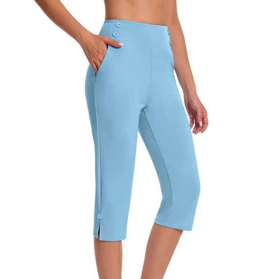RQYYD Womens Yoga Capri Pants Summer High Waisted Wide Leg Capri Leggings Pull On Stretch Dressy Casual Capris with Pockets Sky Blue M