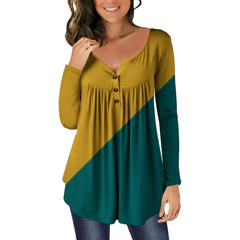 RQYYD Workout Tops for Women Pleated Color Block Tunic Henley Shirts Button Up T Shirts Long Sleeve Fit Loose Blouse with Leggings Green S