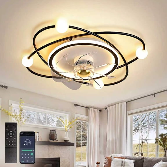 RRBEST Modern Ceiling Fan with Lighting, 58 Cm Dimmable LED Ceiling Lamp with Fan, 48 W Timer Ceiling Fan with Lamp for Living Room or Dining Room (black)
