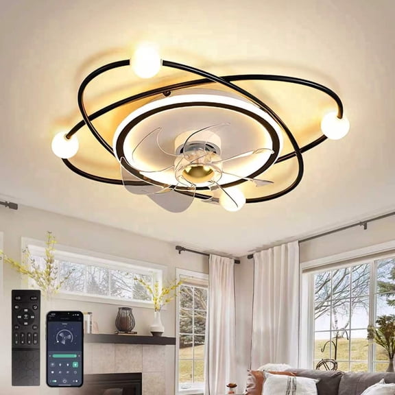 RRBEST Modern Black Ceiling Fan with Light, 21.7" Low Profile Flush Mount Fandelier, Silent Fan with Remote/App, for Bedroom, Kitchen, Living Room
