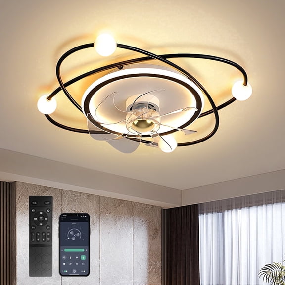RRBEST Modern Ceiling Fan with Lighting, 58 Cm Dimmable LED Ceiling Lamp with Fan, 48 W Timer Ceiling Fan with Lamp for Living Room or Dining Room (black)