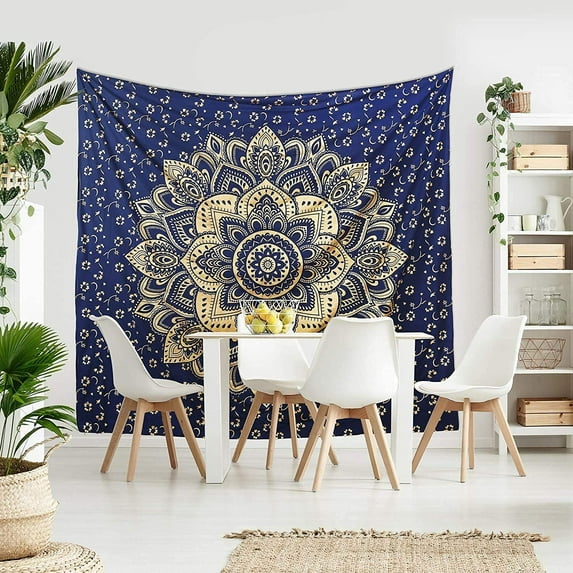 RRC Nation Gold Mandala Tapestry Wall Hanging Indian Bohemian Hippie Psychedelic Tapestry for Bedroom Livingroom, Floral Tapestry Dorm Decor (Blue, Full(215 x 230 CM))