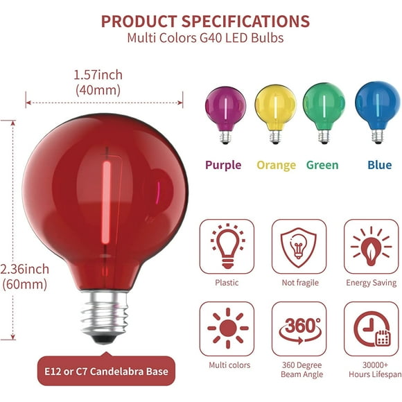 RRDWQ-25 Pack G40 Colored LED String Light Bulbs, E12/C7 Candelabra Base Shatterproof LED 1 Watt Globe Replacement Bulbs, Multi-Color: Red/Green/Blue/Orange/Purple