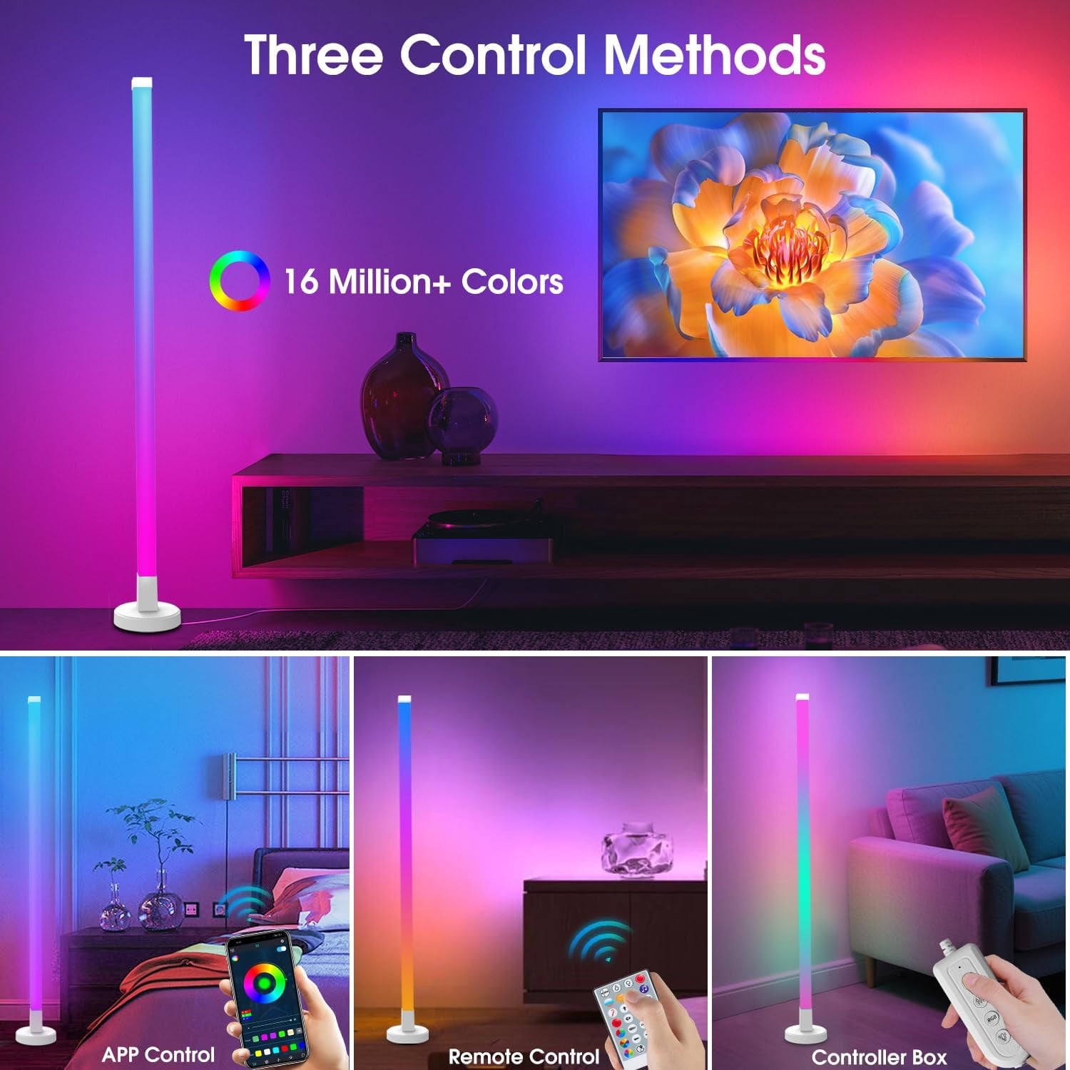 Tyute Corner Floor Lamp – RGB LED With Music Sync, Smart App & Remote Control, 16 Million Colors, Modern Ambient Light For Bedroom, Living Room, Gaming Room