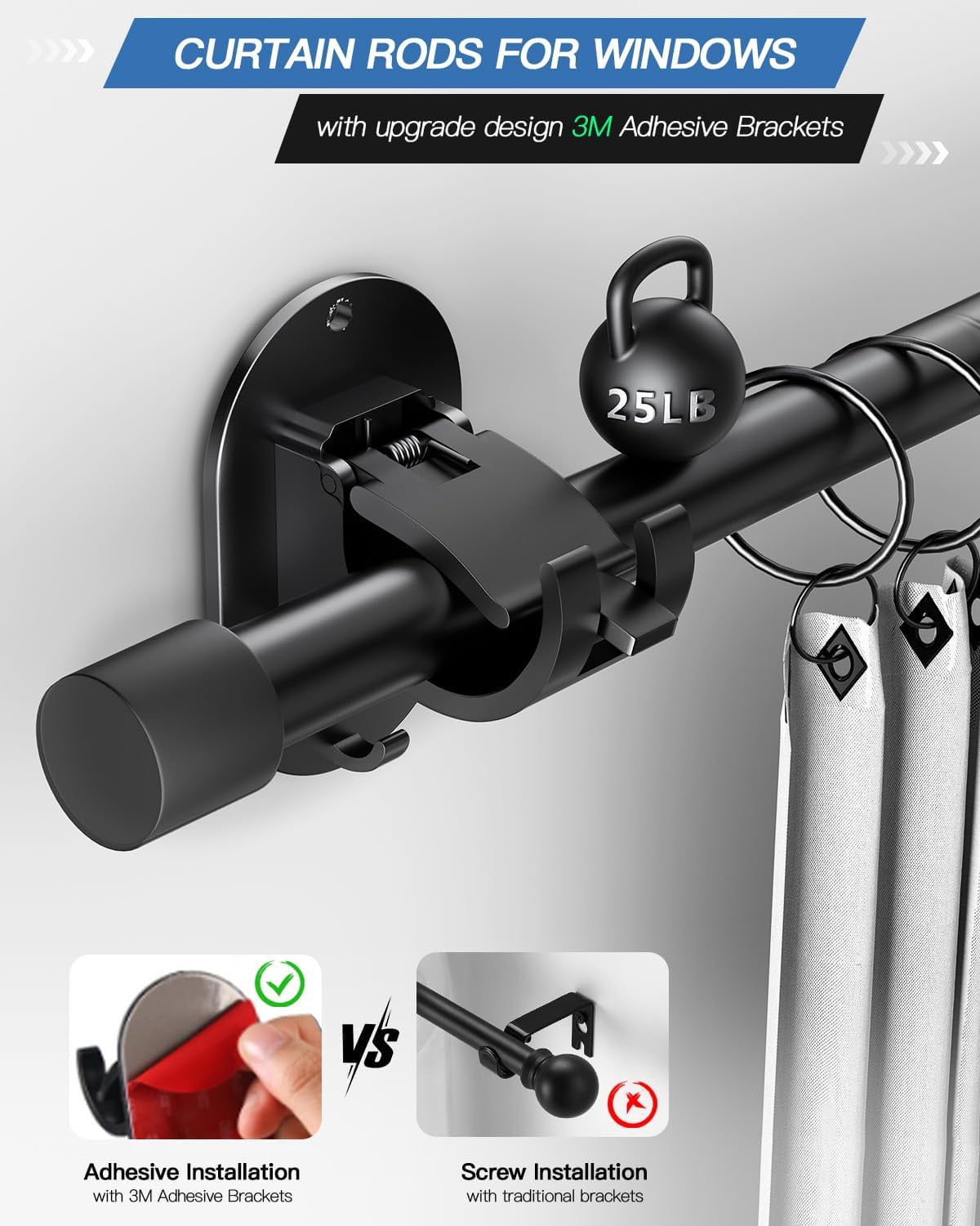 Curtain Rod No Drilling RRDWQ-Curtain Rods for Windows No Drilling 30 to 60 Inch, 5/8 Inch