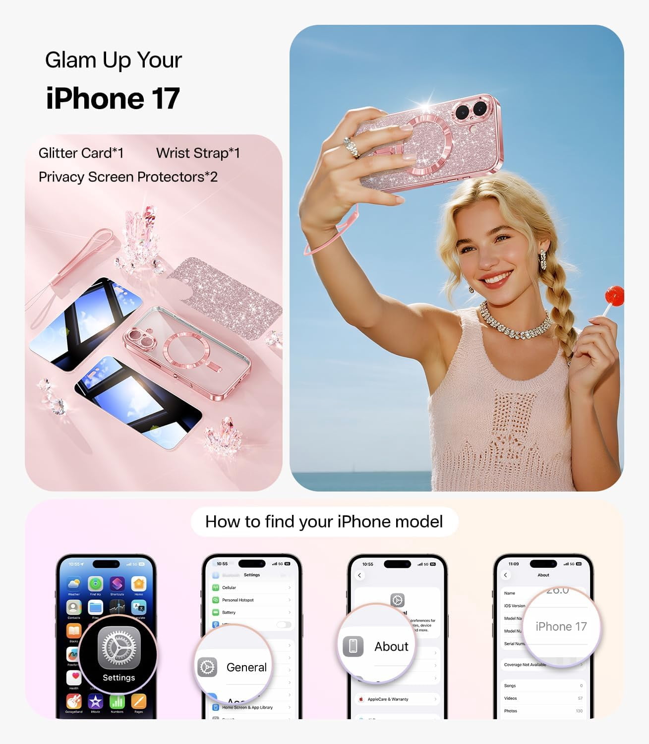 RRDWQ-Designed for iPhone 17 Case, [Glitter Card & Wrist Strap ...