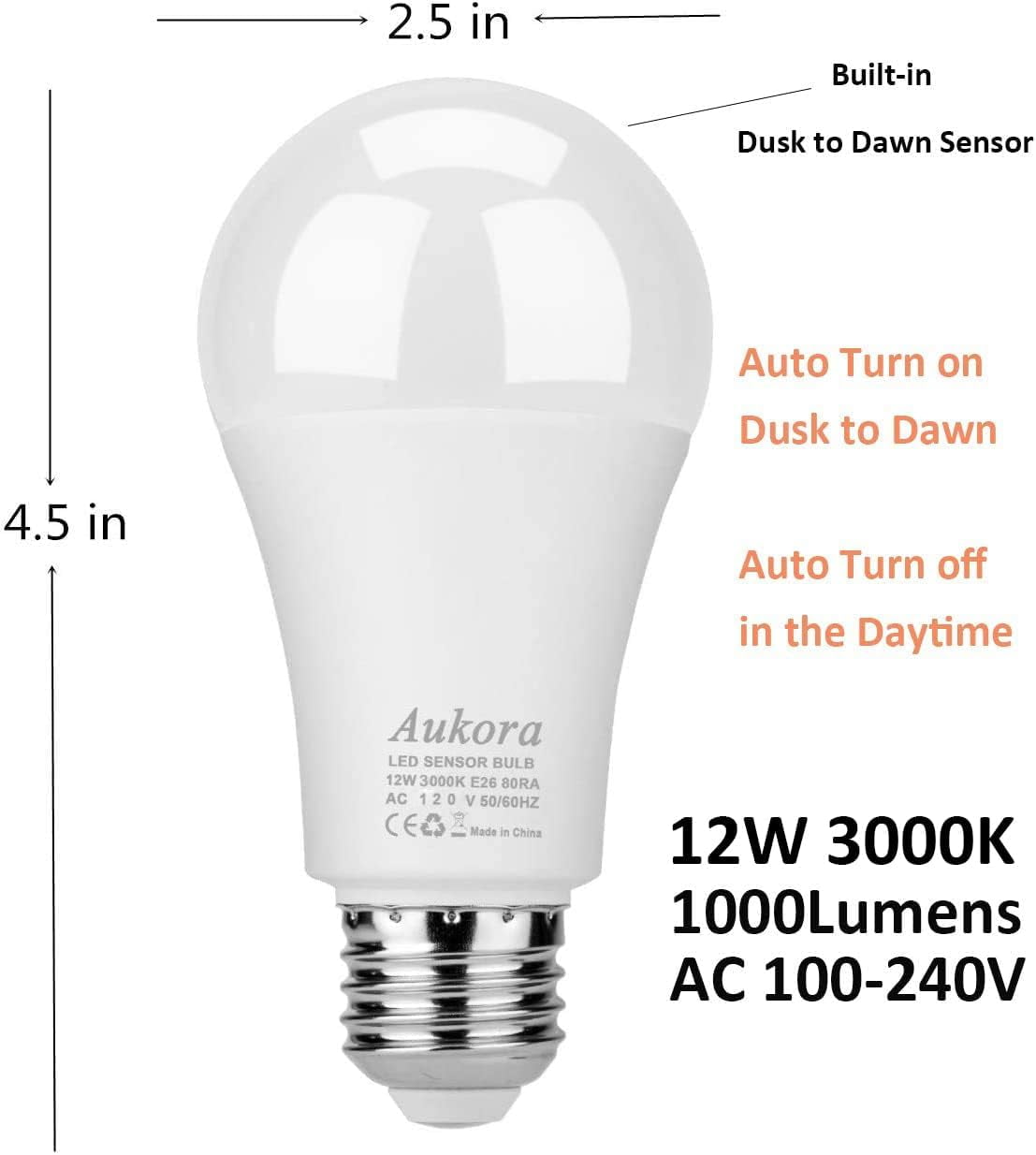 RRDWQ-Dusk to Dawn Light Bulb, Smart Sensor LED Light Bulb, 12W (100 ...