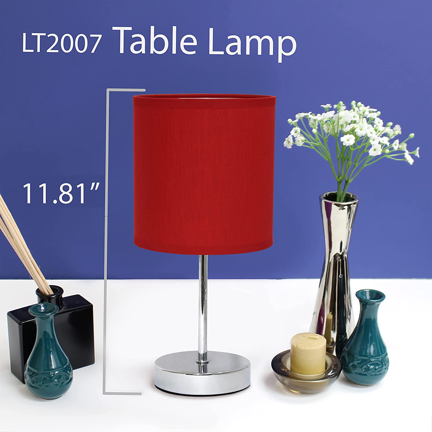 RRDWQ-LT2007-RED-2PK Chrome Mini Basic Table Lamp with Fabric Shade 2 ...