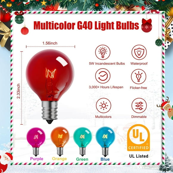 RRDWQ-Multicolor G40 Christmas Replacement Light Bulbs, UL Listed 5 Watt E12 C7 Candelabra Base Glass Bulbs with Colorful Coating, Easily Screw in Strings Spools Strands, 25 Pack