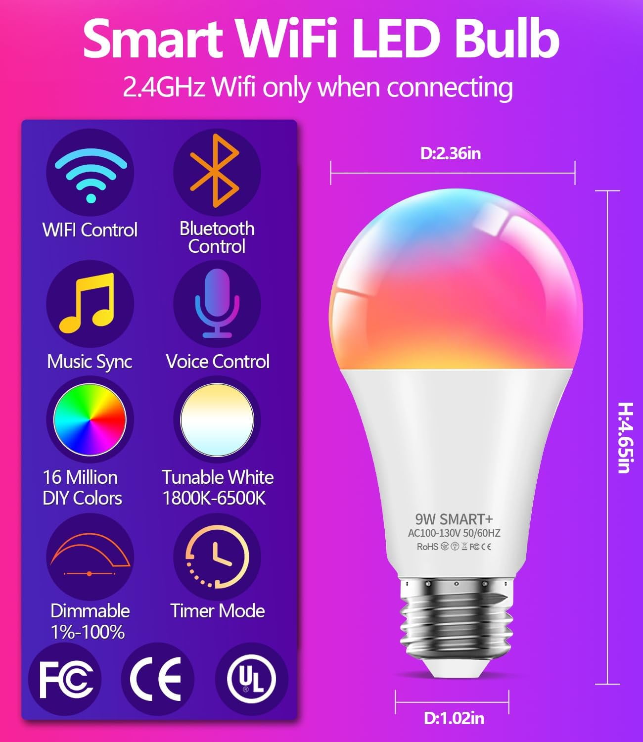 RRDWQ-Smart Light Bulbs, 9W A19 E26 800LM WiFi Bluetooth LED Bulbs