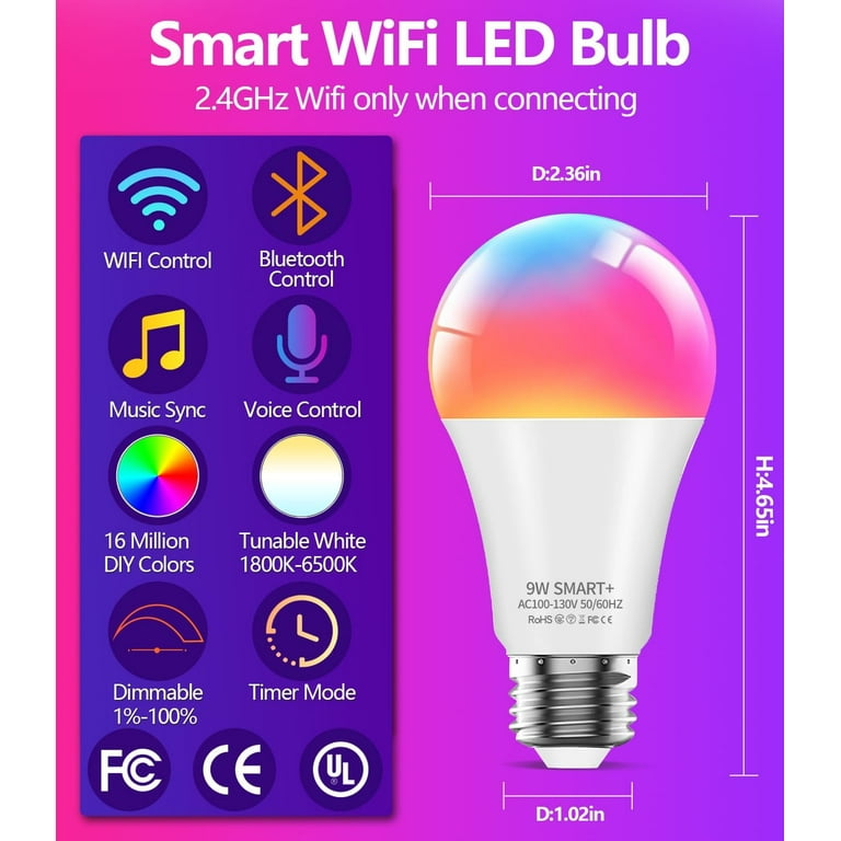 RRDWQ-Smart Light Bulbs, 9W A19 E26 800LM WiFi Bluetooth LED Bulbs