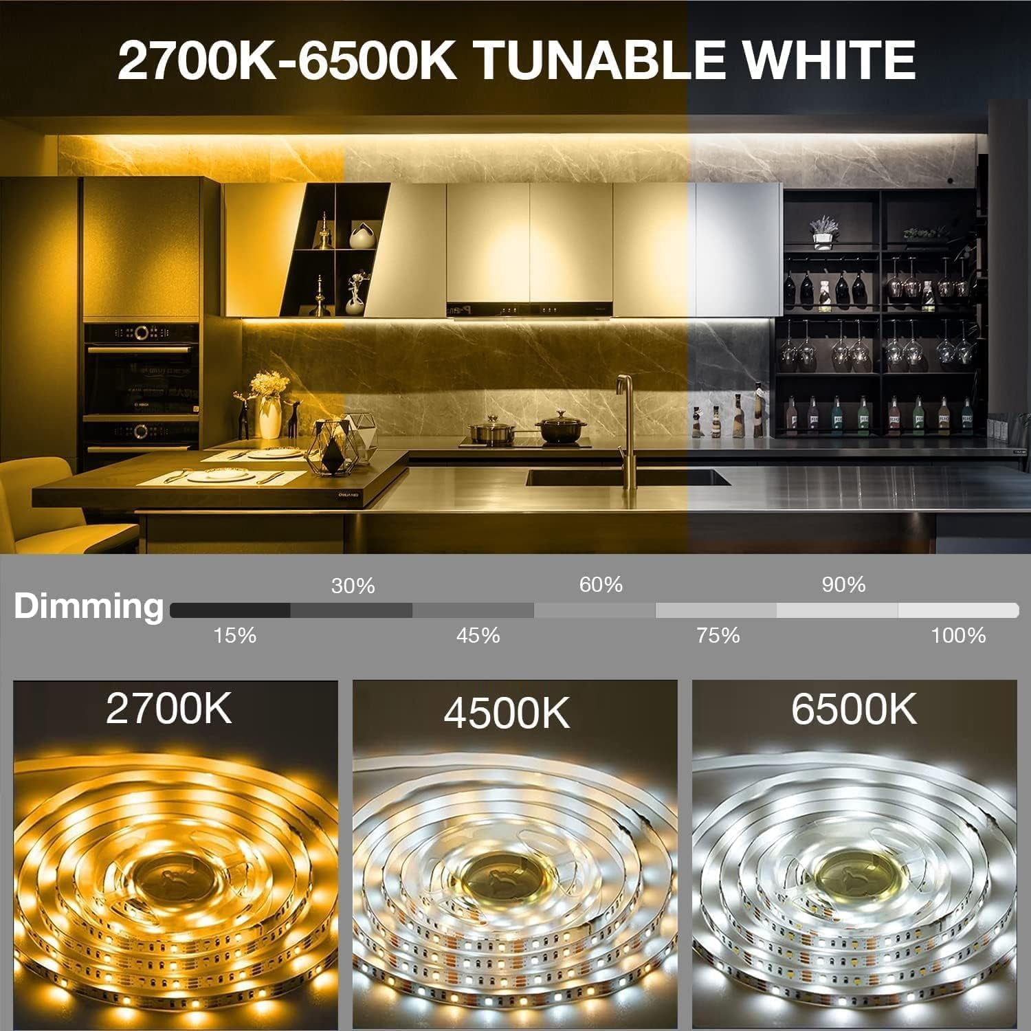 DAYBETTER Under Cabinet LED Lights | Dimmable, Tunable White (2700K-6500K) | 6 Strips, 9.84ft Total | Remote & Touch Control | Timer
