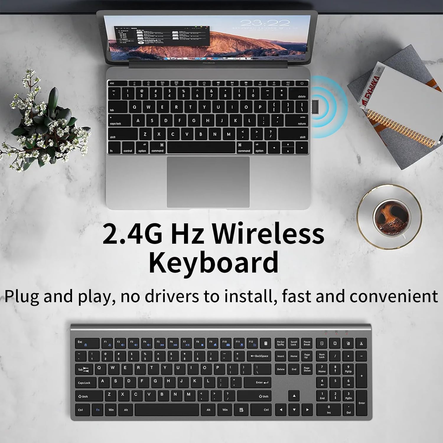 RREGER-2.4G Wireless Slim Full-Size Keyboard with Numeric Keypad ...