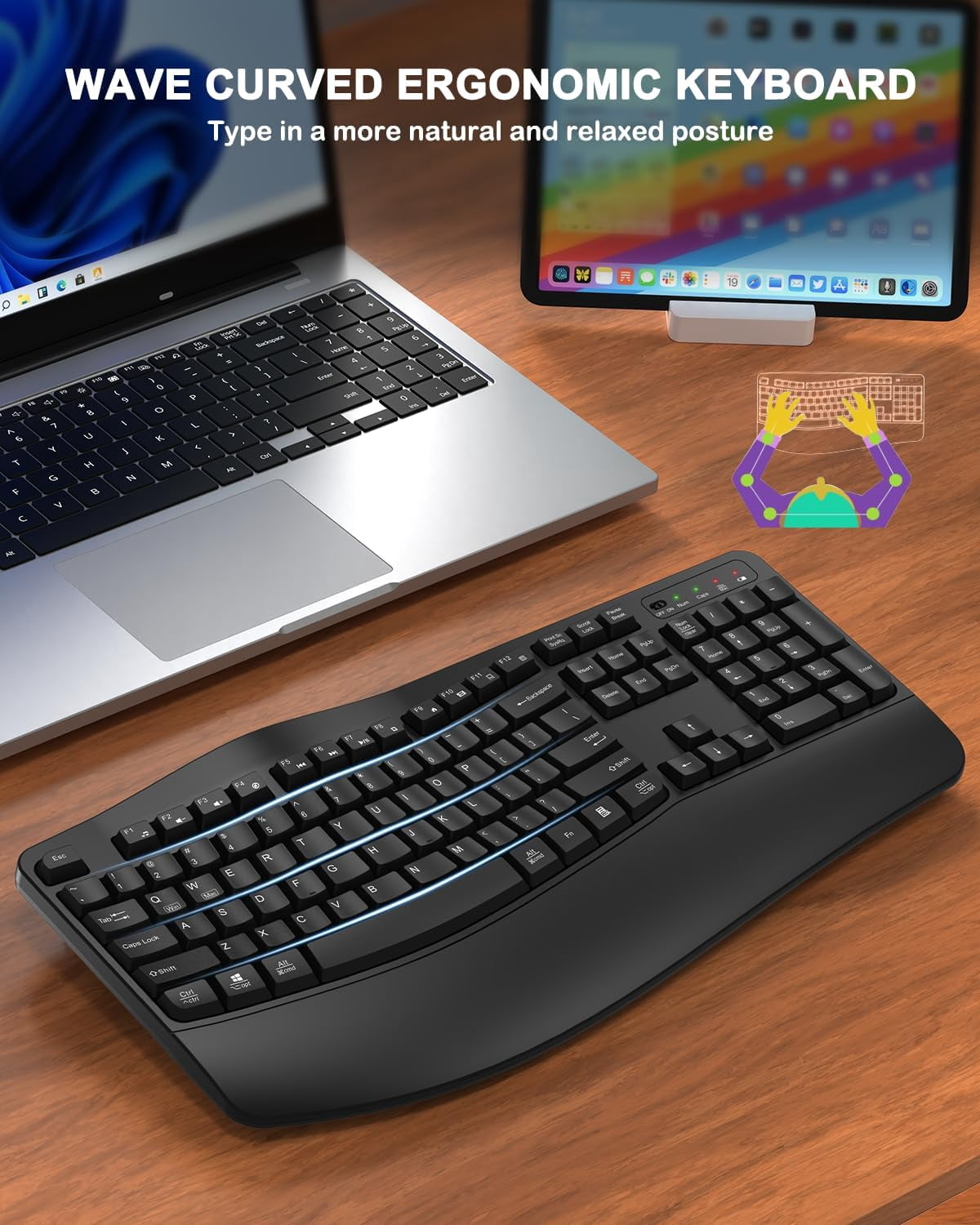 RREGER-Ergonomic Wireless Keyboard with Wrist Rest, Wave Keys ...