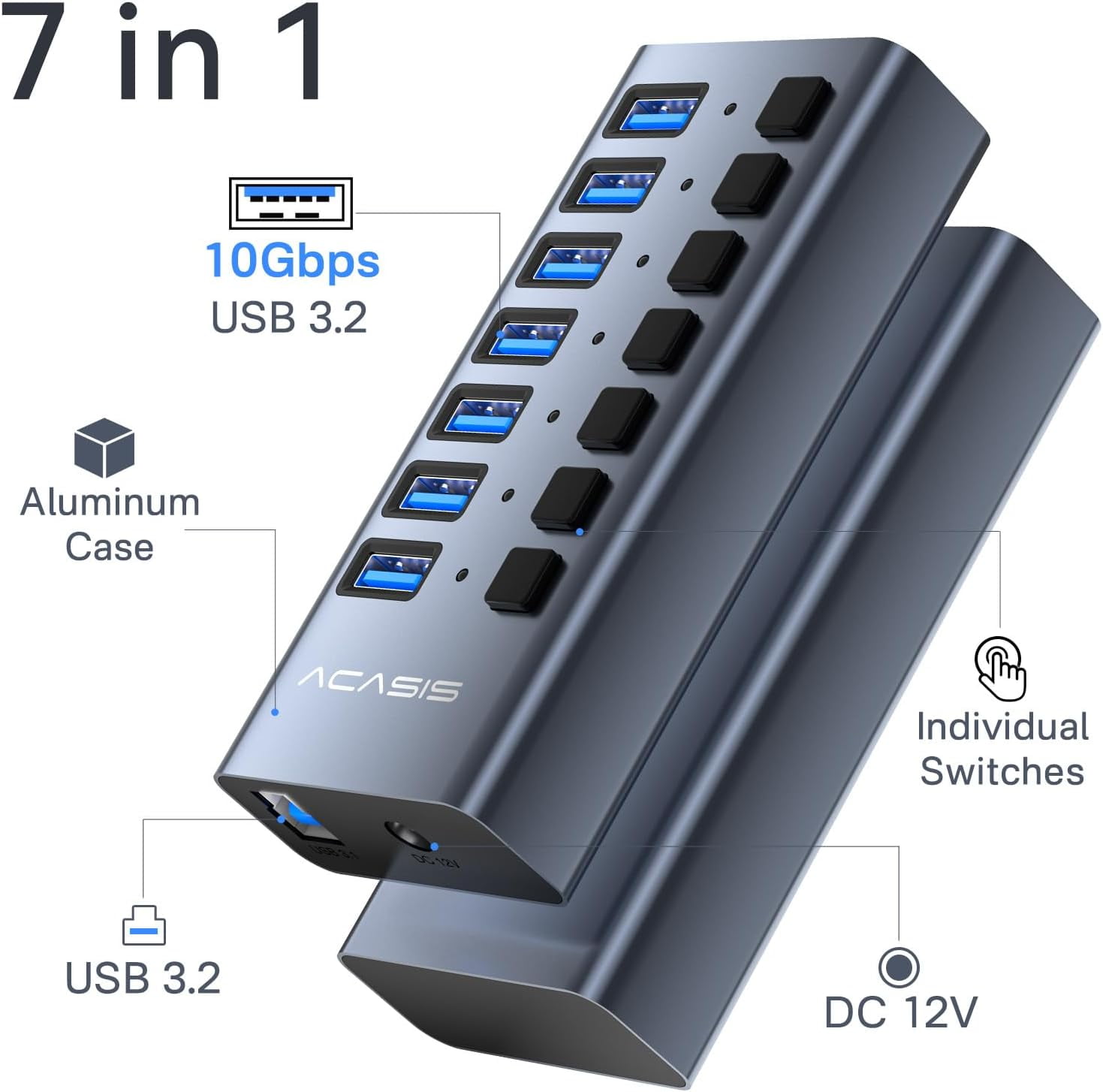 RREGER-Powered USB 3.2 Hub, 7 Ports USB 3.2 Hub with 10Gbps Data Speed ...