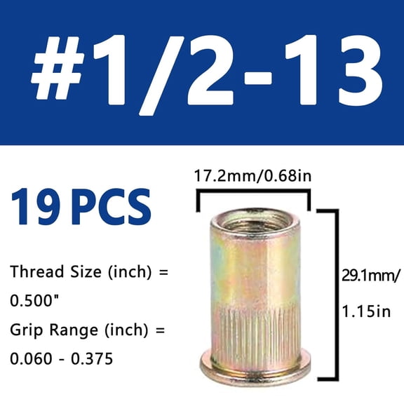 RRFDWQ-1/2''-13 UNC Rivet Nut, 19Pcs Zinc Plated Finish Carbon Steel Flat Head Threaded Insert Nutsert Kit