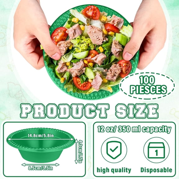 RRFDWQ-100 Pcs 12oz Dark Green Disposable Plastic Bowls for St Patricks Easter Party Dessert Cups Ice Cream Snack Salad Soup Food Serving Bowls for St. Patrick's Day Easter Party Favor Picnic