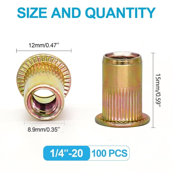RRFDWQ-100Pcs 1/4"-20 UNC Rivet Nuts, Zinc Plated Carbon Steel Threaded Rivet Insert Nutsert Rivnuts Kit