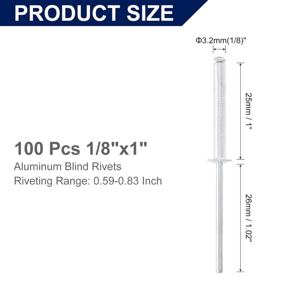 RRFDWQ-100Pcs 1/8"x1" Aluminum Blind Rivets, Aluminum Grip and Steel Mandrel, Dome Head Long Split Rivets for Metal, Furniture, Automotive, Silver