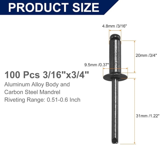 RRFDWQ-100Pcs 3/16" x3/4" Aluminum Blind Rivets, Aluminum Grip and Steel Mandrel, Countersunk Head Long Split Rivets for Metal, Furniture, Automotive, Black