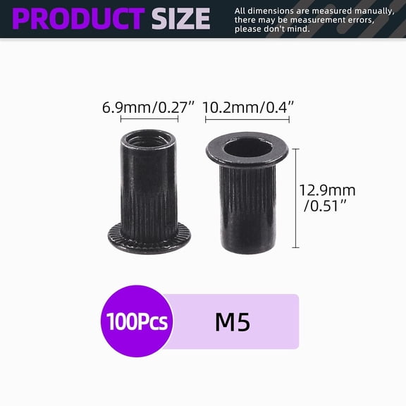 RRFDWQ-100Pcs Carbon Steel Rivet Nuts Kit, Metric M5 Rivnuts Nut Sert Kits, Black Zinc Plated Carbon Steel Rivet Nut Inserts Nutserts Kit, Flat Head Threaded Insert Nut Assort