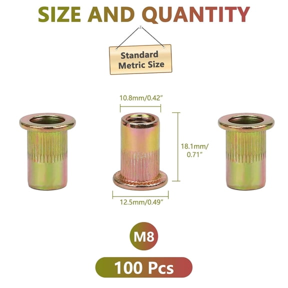 RRFDWQ-100pcs M8 Rivet Nuts, M8 Flat Head Rivnut Threaded Insert Nuts with Knurled Body, Metric Zinc Plated Carbon Steel Insert Nutsert for Automotive, Furniture, Decoration