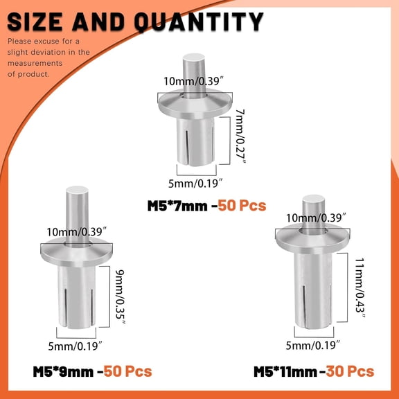 RRFDWQ-130Pcs 3 Sizes Half Round Head Aluminum Core Rivet Drive Rivets Hammer Drive Rivets Knock Type Expansion Aluminum Rivet for Home Industry (M5x7,M5x9,M5x11mm)