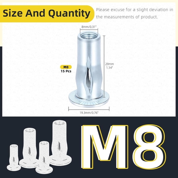 RRFDWQ-15Pcs M8 Multi-Grip Rivet Nuts, Zinc-Plated Pre-Bulbed Shank Flat Head Threaded Insert Nut, Carbon Steel Rivet Nuts for Construction Industrial