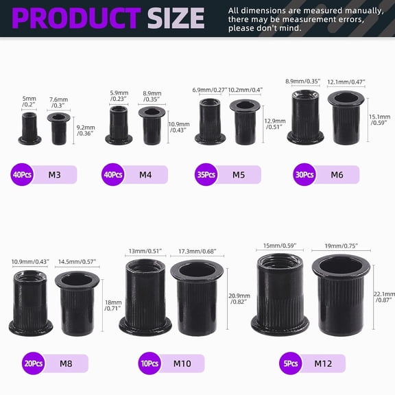RRFDWQ-180Pcs 7 Sizes Metric Rivet Nuts Kit, M3 M4 M5 M6 M8 M10 M12 Rivet Nut, Metric Black Zinc Plated Carbon Steel Rivet Nut Inserts Kit, Flat Head Threaded Insert Nut Assort