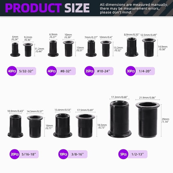 RRFDWQ-180Pcs 7 Sizes Rivet Nuts Kit, UNC 5/32"-32#8-32" #10-24" 1/4"-20 5/16"-18 3/8"-16 1/2"-13 Rivet Nut, Black Zinc Plated Carbon Steel Rivet Nut Inserts Kit, Flat Head Threaded Insert Nut Assort