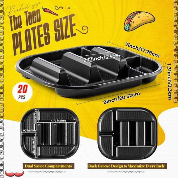 RRFDWQ-20 Pack Disposable Plastic Taco Plates, Fiesta Tacos Holder Tray PP Taco Holder Plates with 2 Dividers for Soft & Hard Shells for Tacos Tuesday Bar, Parties, Picnics (Black)