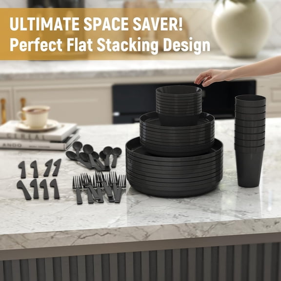 RRFDWQ-20 Piece Apartment Essentials Dinnerware Set, Stackable Space-Saving Plates & Large Flat Bowls (Pasta/Salad), Modern Matte Unbreakable Plastic Dishes, Microwave Safe, Fiesta