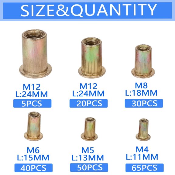 RRFDWQ-210Pcs Rivet Nut Assortment Kit Flat Head Hardware Nutsert Automotive Marine Industrial Threaded Rivets Insert M4 M5 M6 M8 M10 M12