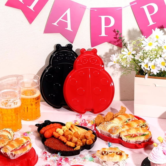 RRFDWQ-24 Pack Ladybug Birthday Party Supplies, 10 x 6 Inch Large Ladybug Plastic Serving Trays Red and Black Plates for Party Table Decorations
