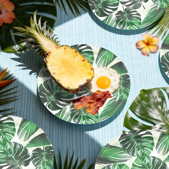 RRFDWQ-24 Pcs Green Palm Leaf Paper Plates 7 Inch Round Plate Disposable Tableware Jungle Theme Party Decoration