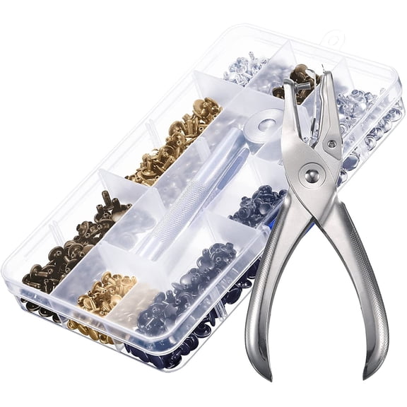 RRFDWQ-240 Set Leather Rivets Double Cap Rivet Tubular Metal Studs 2 Sizes with Punch Pliers and 3 Pieces Setting Tool Kit for Leather Craft Repairs Decoration, 4 Colors