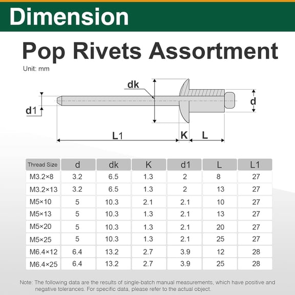 RRFDWQ-245Pcs Pop Rivets for Metal, Aluminum Blind Rivets Assortment Kit in 8 Sizes M3.2 M5 M6.4