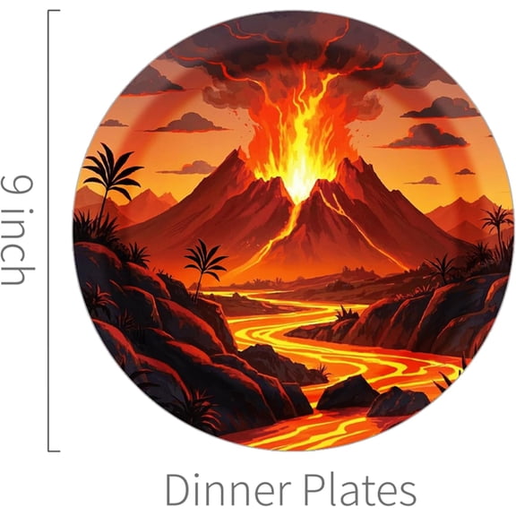 RRFDWQ-24pcs 9 inches Volcano Theme Disposable Paper Plates with Fiery Lava, Mountain Scenery & Tropical Accents Design for Birthday Parties, Science-Themed Events, Dinosaur Parties, Hawaiian Luau