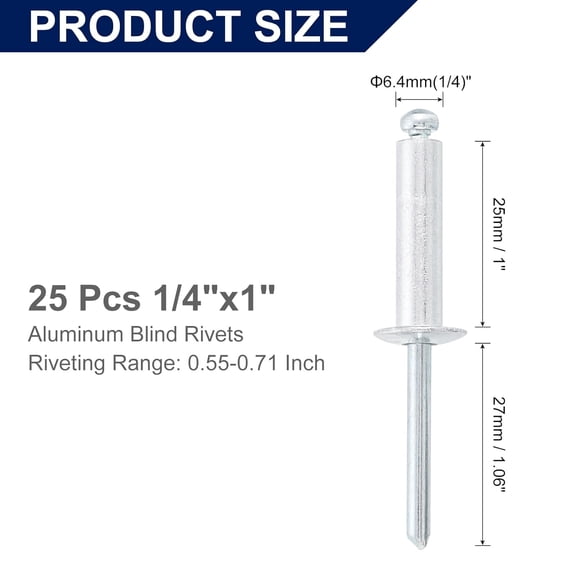 RRFDWQ-25Pcs 1/4"x1" Aluminum Blind Rivets, Aluminum Grip and Steel Mandrel, Dome Head Long Split Rivets for Metal, Furniture, Automotive, Silver